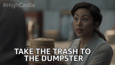 Woman Holding Dumpster Saying Take The Trash To The Dumpster GIF