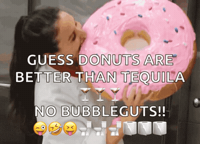 Woman Holding Giant Pink Donut Says Donuts Better Than Tequila GIF