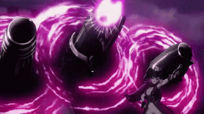 Woman Holding Gun In Front Of Cannon With Purple Glow GIF