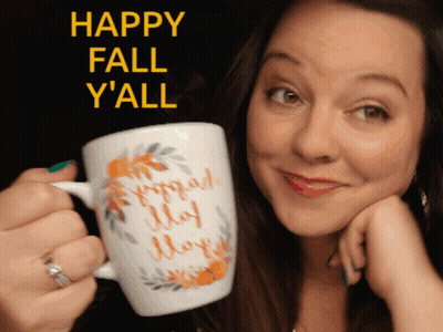 Woman Holding Happy Fall Y'all Mug GIF