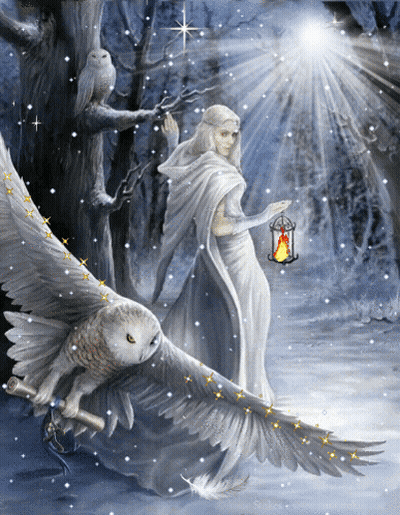 Woman Holding Lantern And Owl GIF