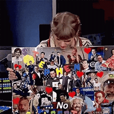 Woman Holding Microphone In Front Of Collage Of People And Hearts GIF