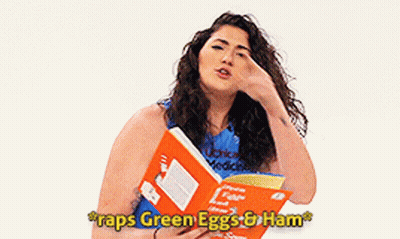 Woman Holding Orange Box Saying Raps Green Eggs and Ham