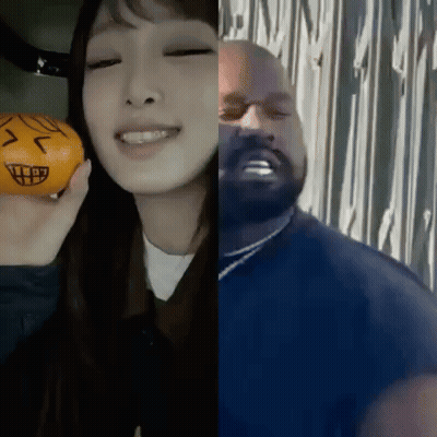 Woman Holding Orange Next To Man With Face GIF