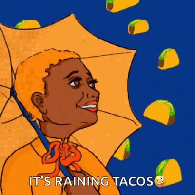 Woman Holding Orange Umbrella Saying It's Raining Tacos GIF