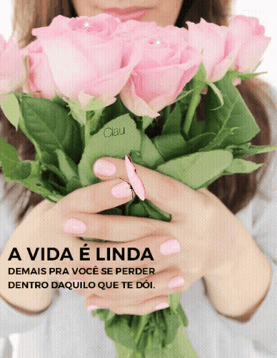 Woman Holding Pink Roses With Portuguese Quote GIF