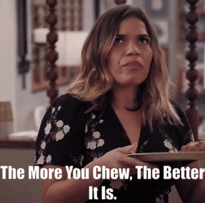 Woman Holding Plate Of Food Saying The More You Chew The Better It Is GIF
