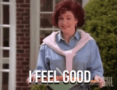 Woman Holding Plate Saying I Feel Good GIF