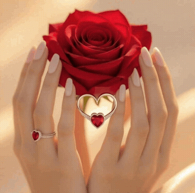 Mujer sosteniendo rosa roja y anillo de corazón GIF