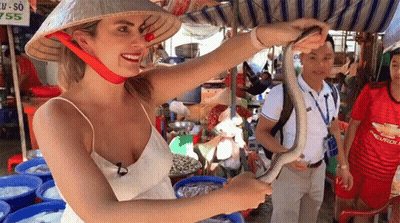 Woman Holding Snake In Market Wearing Chevrolet Shirt GIF
