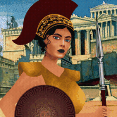 Woman Holding Spear and Shield With Greek Key Pattern