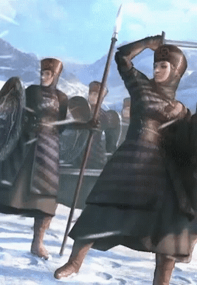 Woman Holding Spear With B On Head GIF