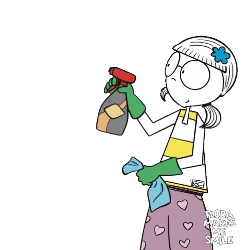 Woman Holding Spray Bottle And Cloth Saying Flora Makes Me Smile Sticker