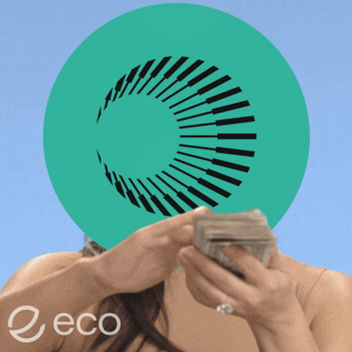 Woman Holding Stack Of Money In Front Of Green Circle Saying Eco GIF