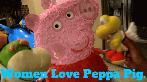 Woman Holding Stuffed Animal In Front Of Peppa Pig Piñata GIF