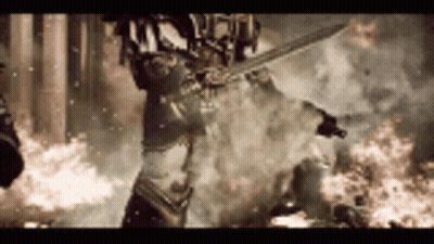 Woman Holding Sword Near Fire And Smoke GIF
