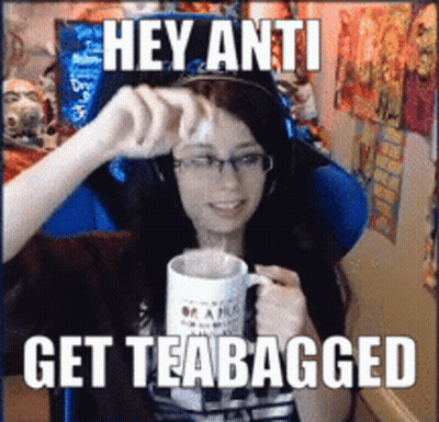 Woman Holding Tea Says Hey Anti Get Teabagged GIF