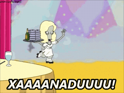 Woman Holding Tray With Plates Saying Xaaaanaduuu GIF