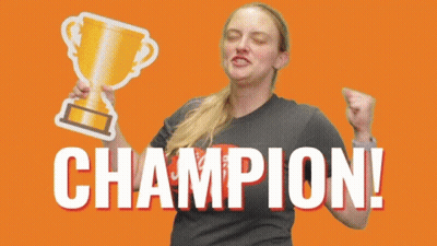 Woman Holding Trophy With Champion Text GIF