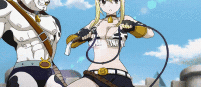 Woman Holding Whip And Man In Cow Print Outfit GIF