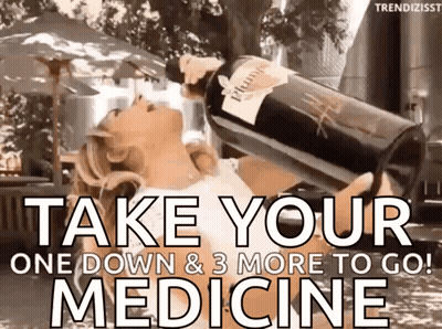 Woman Holding Wine Over Head Saying Take Your One Down & 3 More to Go
