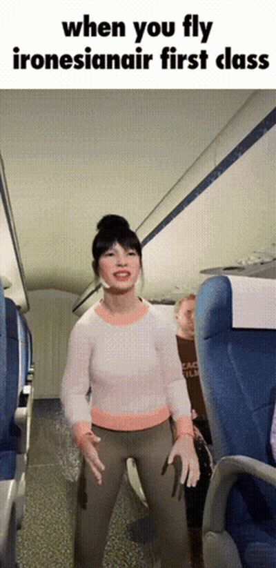Woman In Airplane With Caption When You Fly Ironsianair First Class GIF