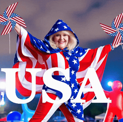 Woman In American Flag Cape Holding Pinwheel Toys GIF