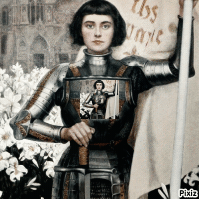 Woman In Armor Holding Flag And Pixiz Sign GIF