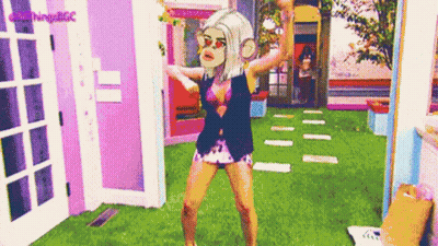 Woman In Bikini Dancing In Room With Purple Door GIF