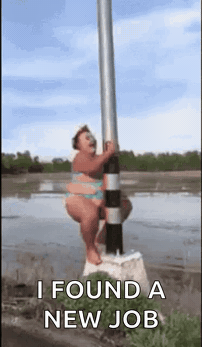 Woman In Bikini Hanging From Pole Says I Found A New Job GIF