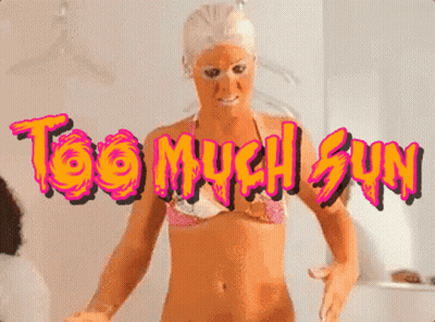 Woman In Bikini In Front Of Too Much Sun Sign GIF