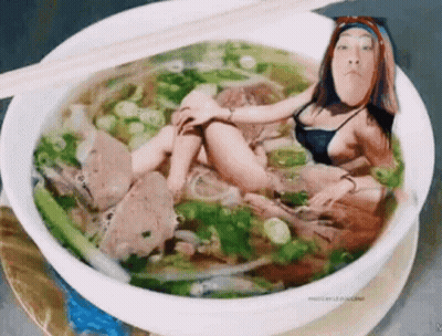 Woman In Bikini Laying In Bowl Of Soup GIF