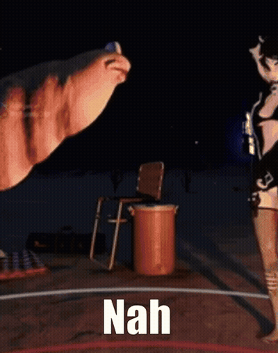 Woman In Bikini With Trash Can Saying Nah GIF