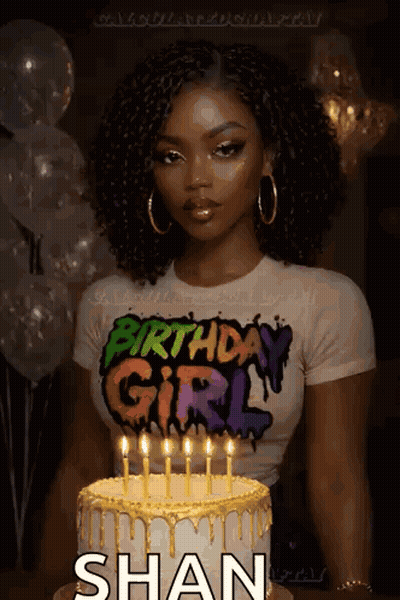 Woman In Birthday Girl Shirt Standing In Front Of Birthday Cake With Candles GIF