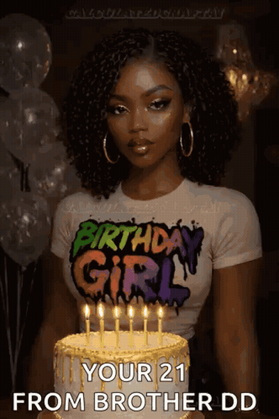 Woman In Birthday Girl Shirt With Birthday Cake And Candles GIF