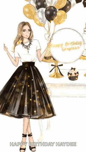 Woman In Black And Gold Dress Holding Balloons GIF