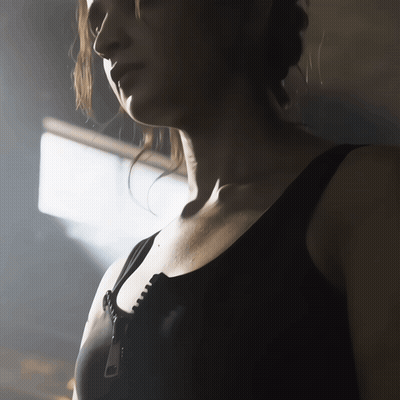 Woman In Black Bra With City Skyline GIF