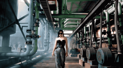 Woman In Black Corset Walking Through Green Pipes GIF