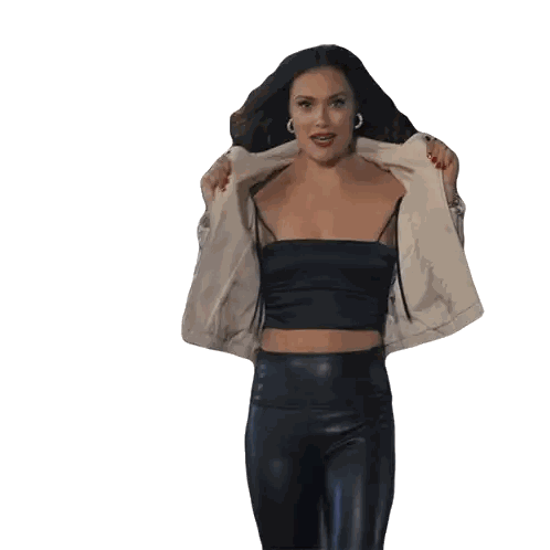 Woman In Black Crop Top And Leather Pants Taking Off Jacket Sticker