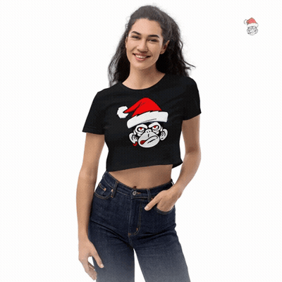 Woman In Black Crop Top With Monkey Santa Hat GIF