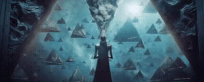 Woman In Black Dress Before Pyramid In Darkness GIF