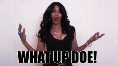 Woman In Black Dress Making Funny Face Saying What Up Doe GIF