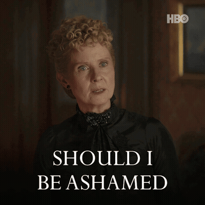 Woman In Black Dress Says Should I Be Ashamed GIF