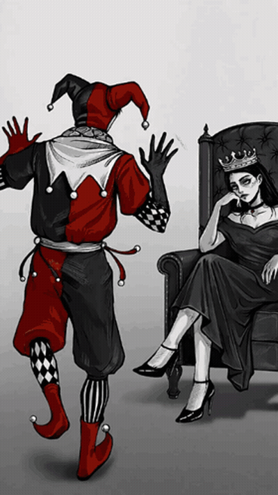 Woman In Black Dress Sitting Beside Jester GIF