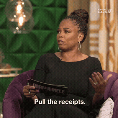 Woman In Black Dress Sitting In Purple Chair Holding Clipboard Saying Pull The Receipts GIF