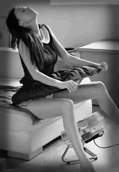 Woman In Black Dress Sitting Next To Fan GIF
