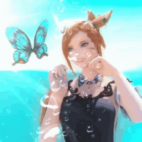 Woman In Black Dress Surrounded By Bubbles And Butterfly GIF