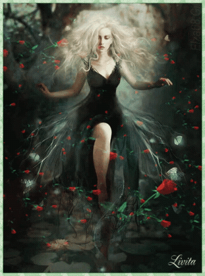 Woman In Black Dress Surrounded By Red Flowers And Butterflies GIF