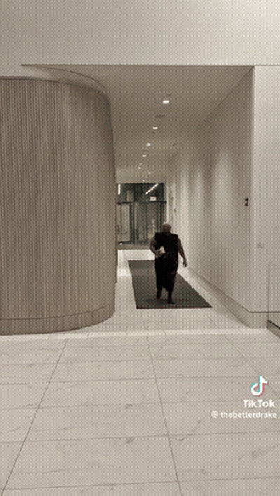 Woman In Black Dress Walking Down Hallway TikTok Watermark GIF