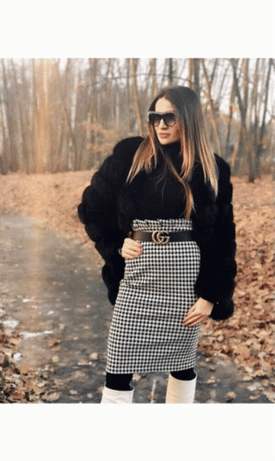 Woman In Black Fur Coat And Gucci Belt GIF